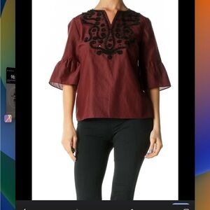 Talbots Maroon Blouse with Black Embroidery Size Medium Petite